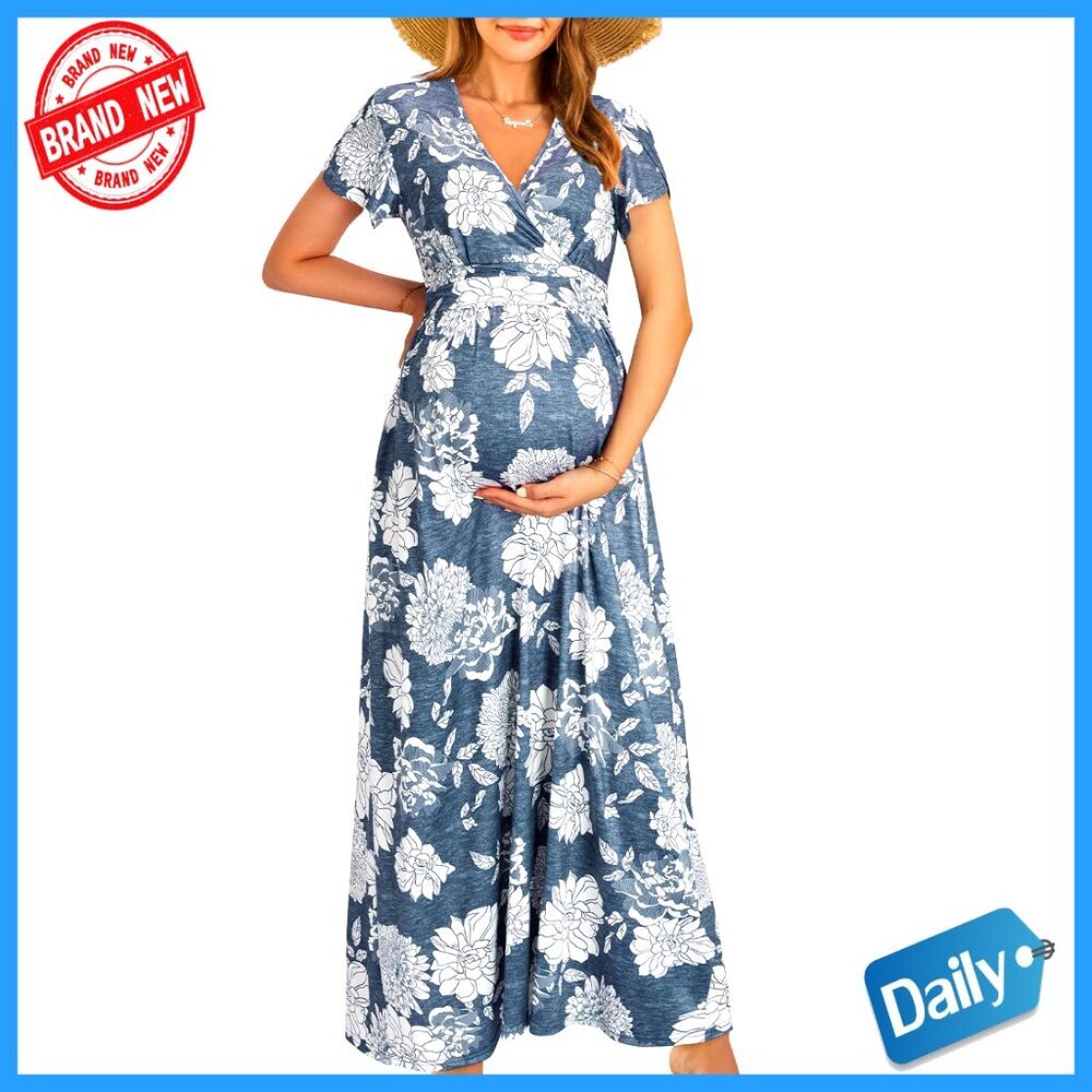 Maternity Maxi Dress Wrap V Neck Nursing Summer Dress for Photoshoot